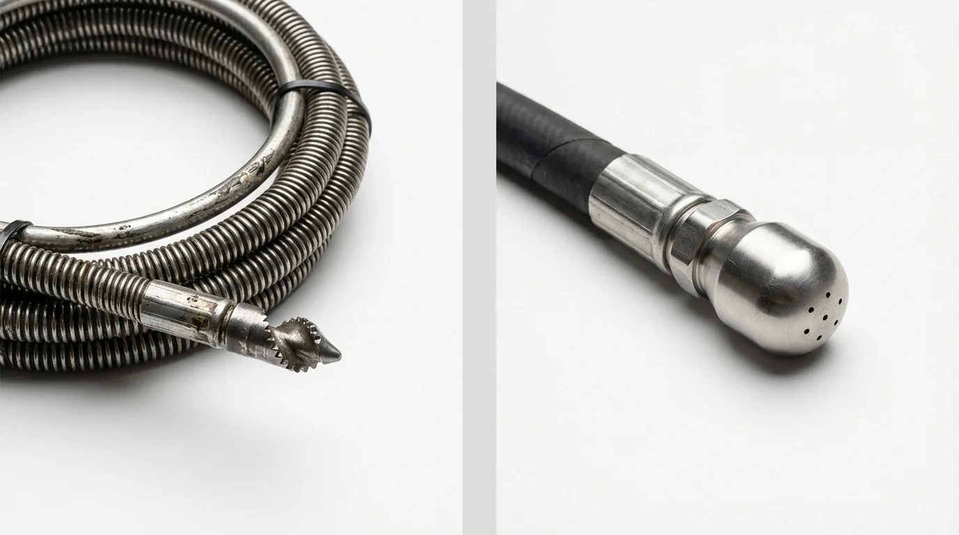Drain snake cable and hydro jetting nozzle used for drain cleaning in Redwood Valley, CA