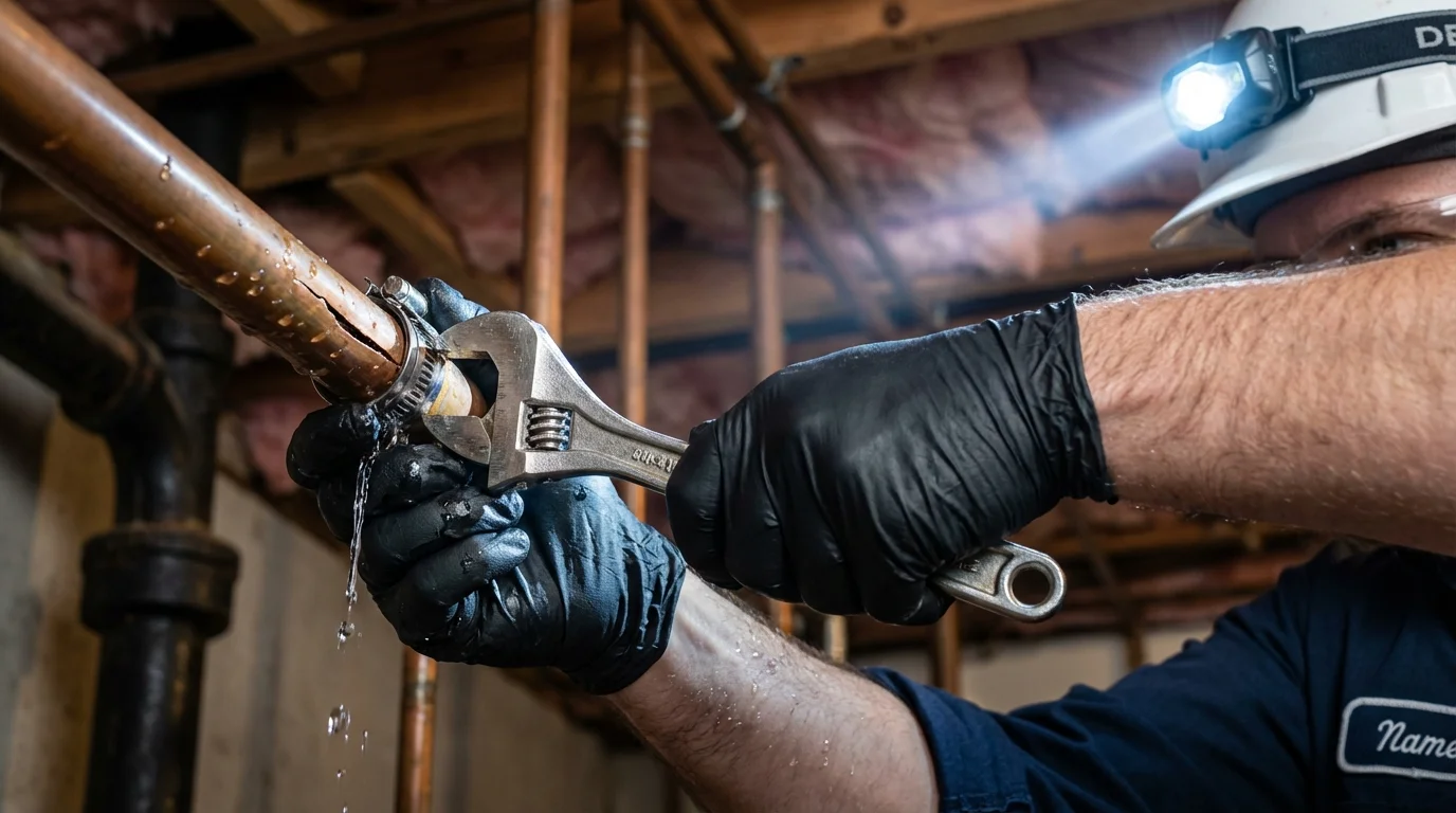 Emergency pipe clamp repair being performed by a Johns Plumbing LLC plumber in Redwood Valley
