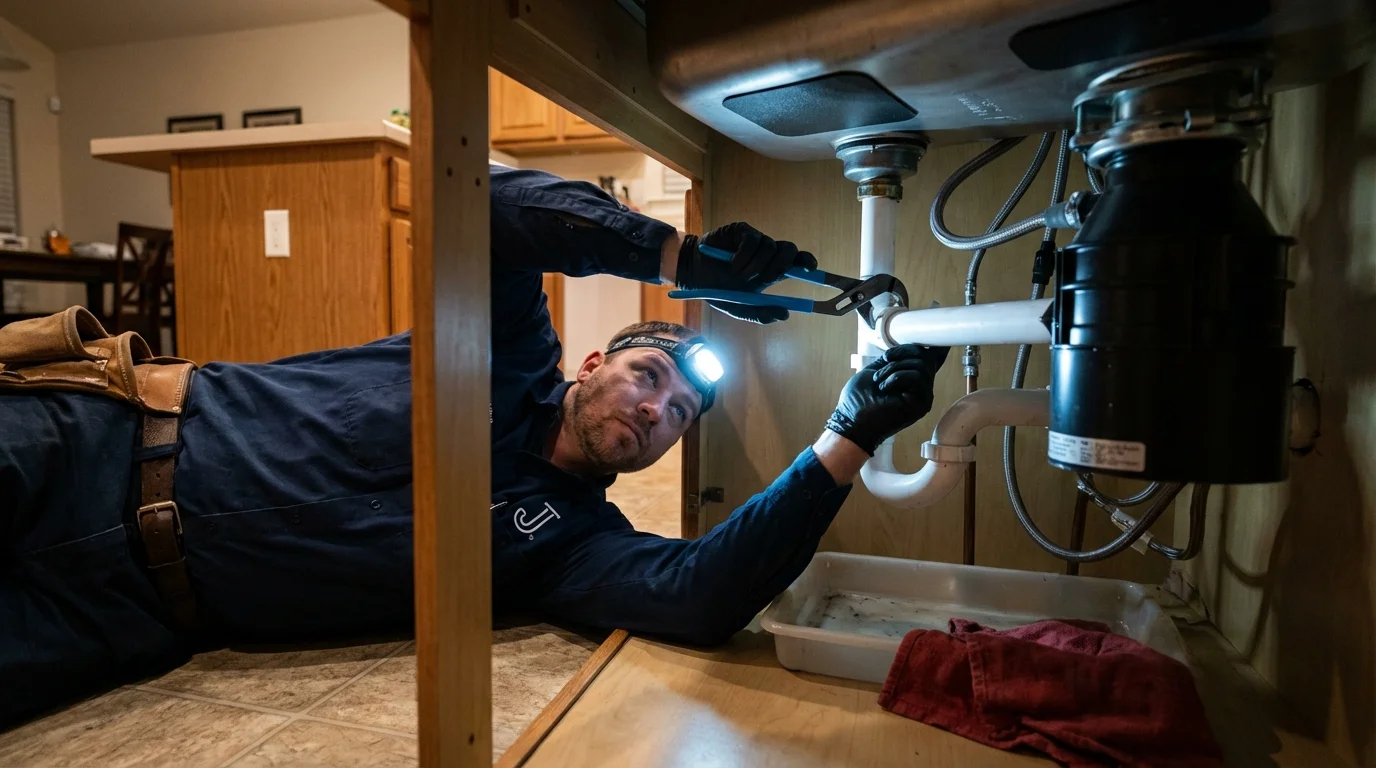 P-trap and supply line connections under a kitchen sink showing a common leak point in Redwood Valley, CA